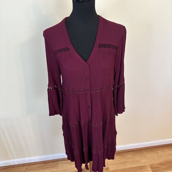 Knox Rose Womens Peasant Dress Tunic Full Button Burgundy Medium V Neck Boho - Picture 7 of 8
